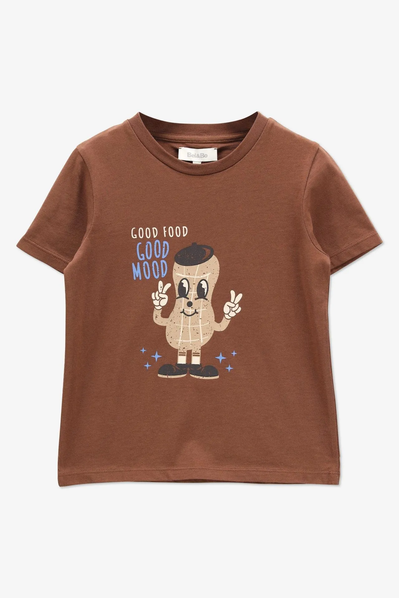 Bruin T-shirt met pindanoot borstprint