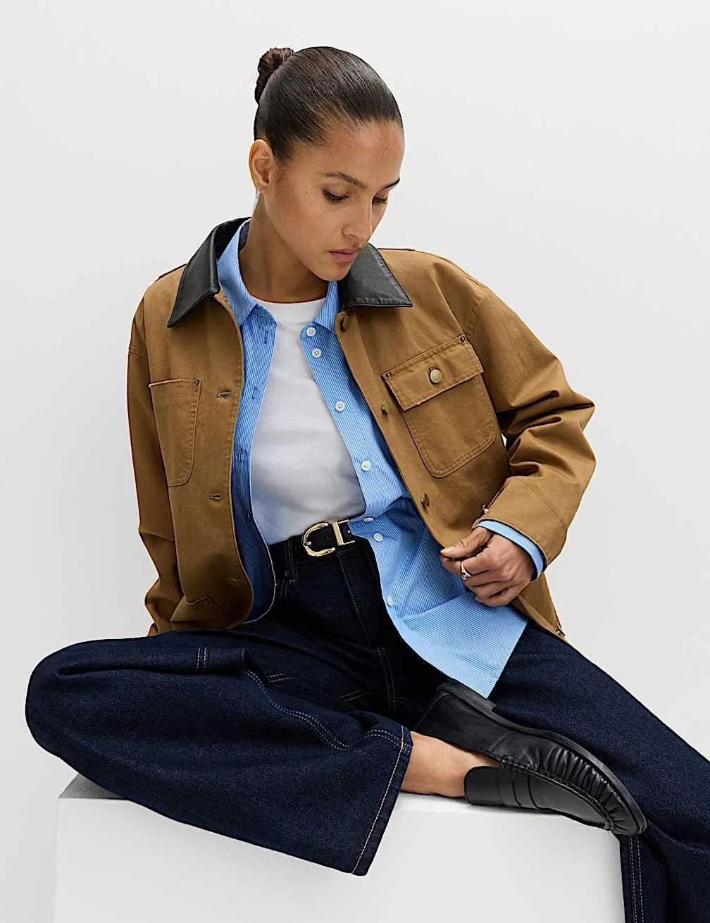 Pure Cotton Faux Leather Collared Barn Jacket