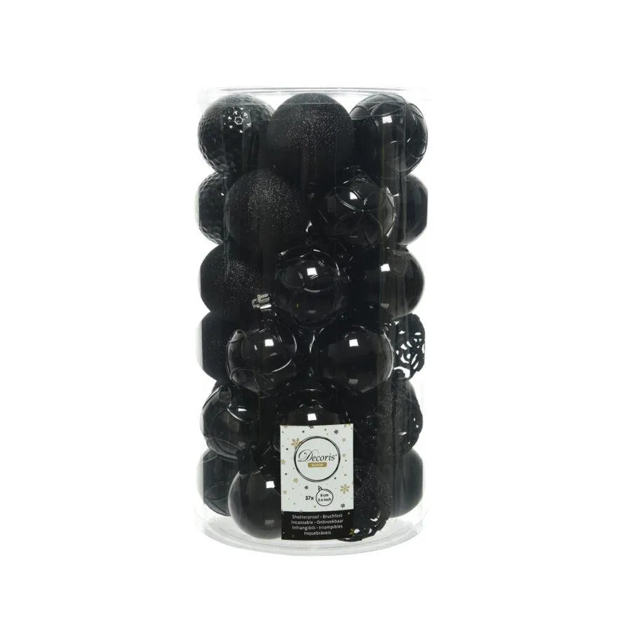 Decoris Kerstballen Kunststof Mix Zwart 37 Stuks - Onbreekbaar Matt Shiny Glitter