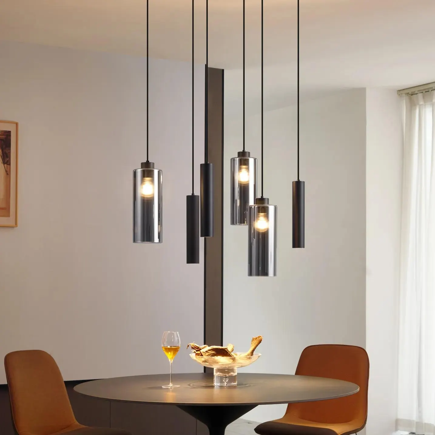 Moderne hanglamp zwart met smoke glas 6-lichts - Duplantis