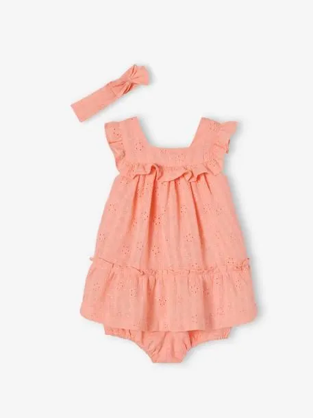 Ensemble en broderie anglaise bébé robe, bloomer et bandeau - corail