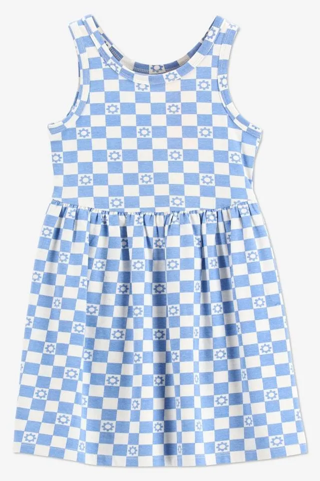 Blauw/wit geruite korte jurk met bloemetjes