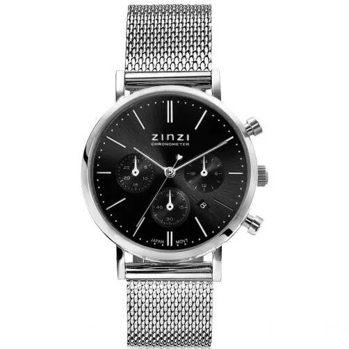 ZINZI horloge CHRONOGRAPH 34mm zwarte wijzerplaat met datum en chronometers, stalen kast, stalen mesh band 18mm ZIW1501