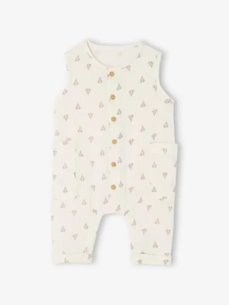 Combinaison en gaze de coton naissance - beige clair imprime