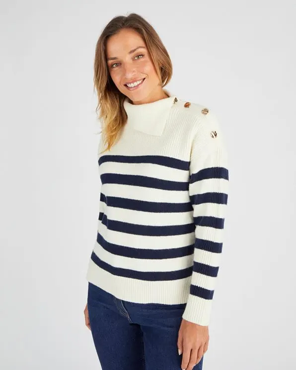 Marinière trui met knopen op de schouder