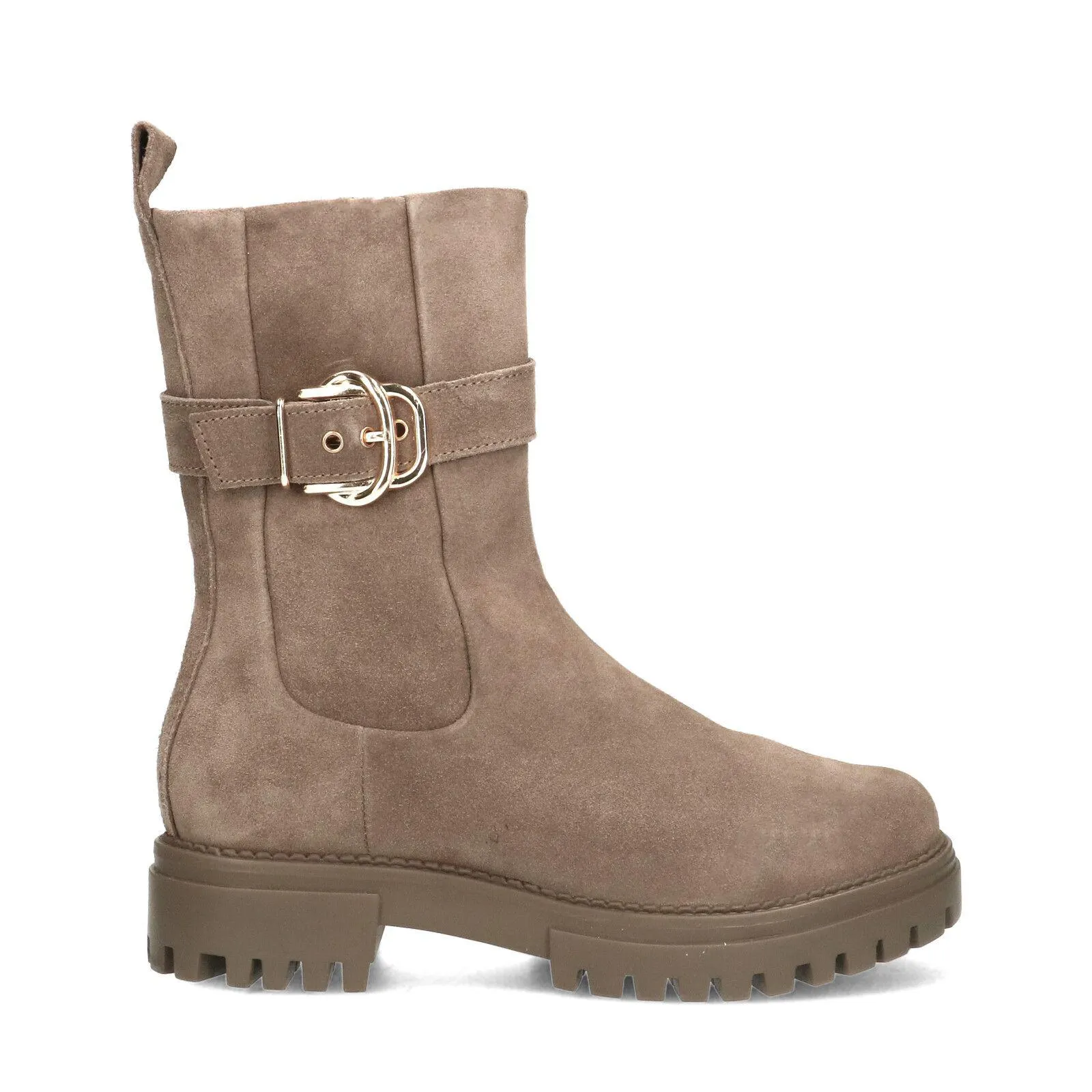 Manfield Taupe suède boots met goudkleurige gesp