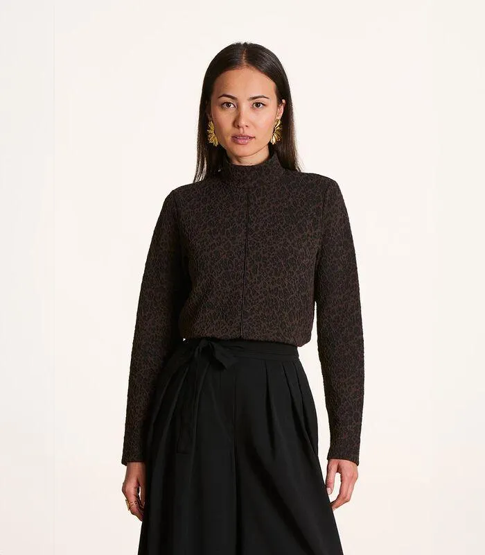 Bruin jacquard T-shirt met lange mouwen