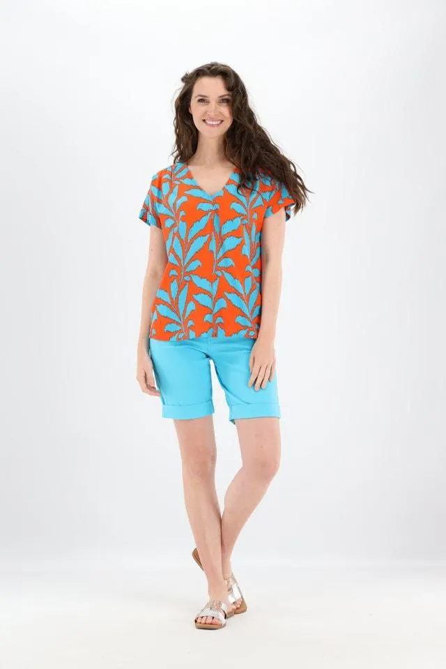 Oranje/blauw geprinte blouse met V-hals