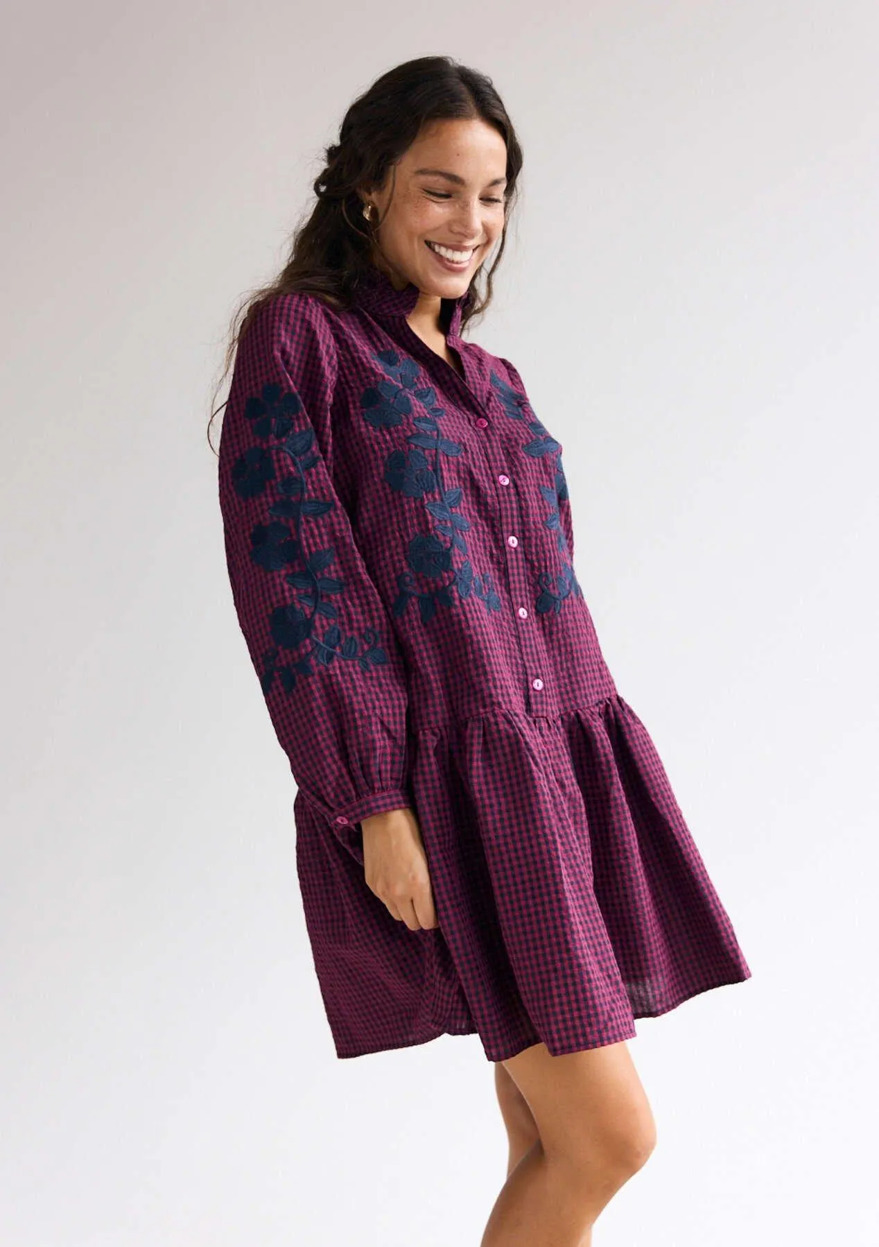 Embroidered check mini dress