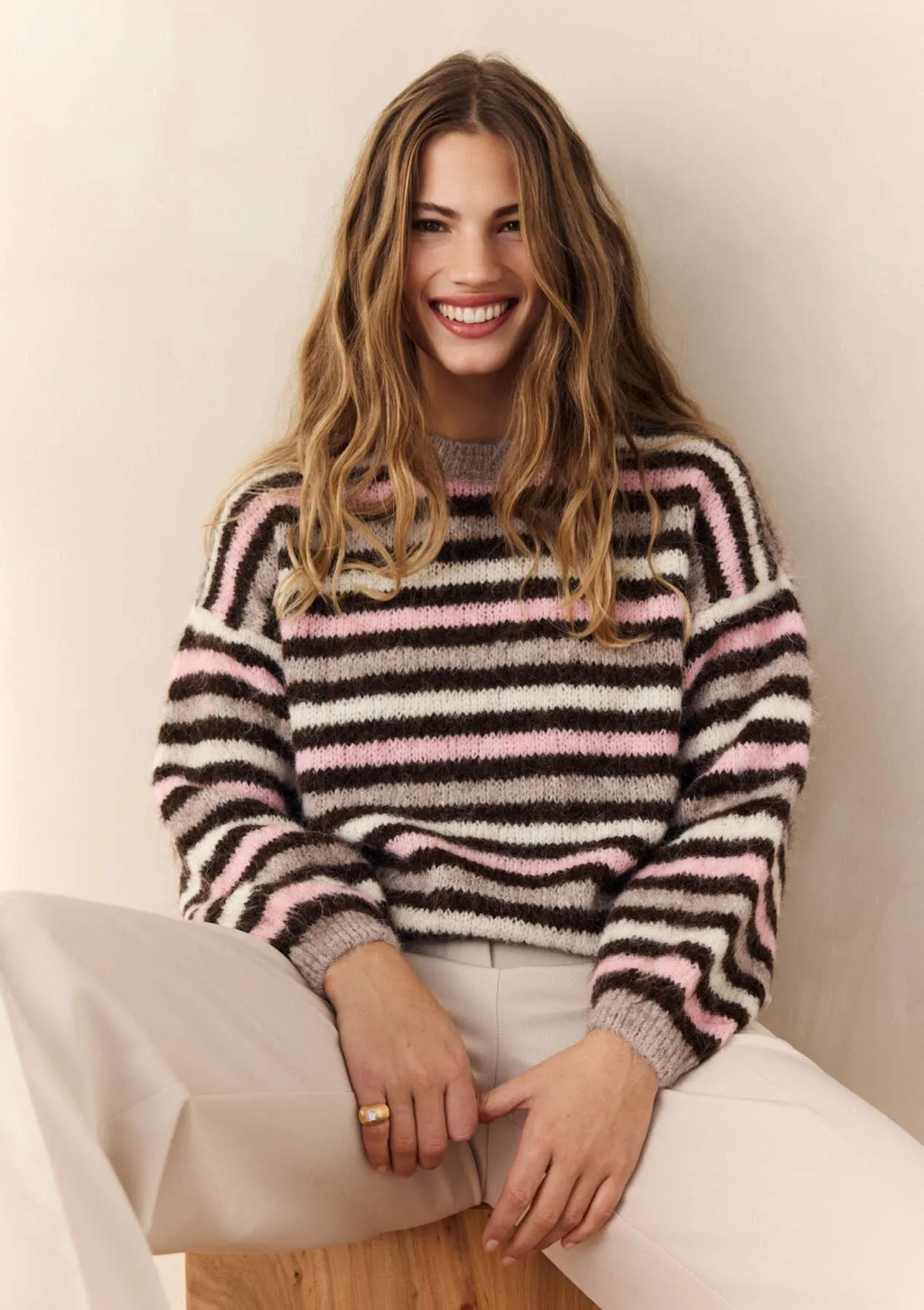 Fuzzy striped knit sweater