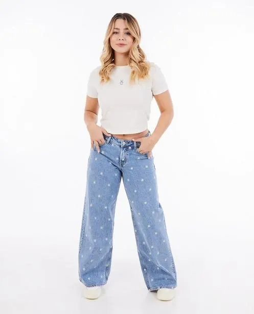 Jeans met geborduurde bloemen, wide fit