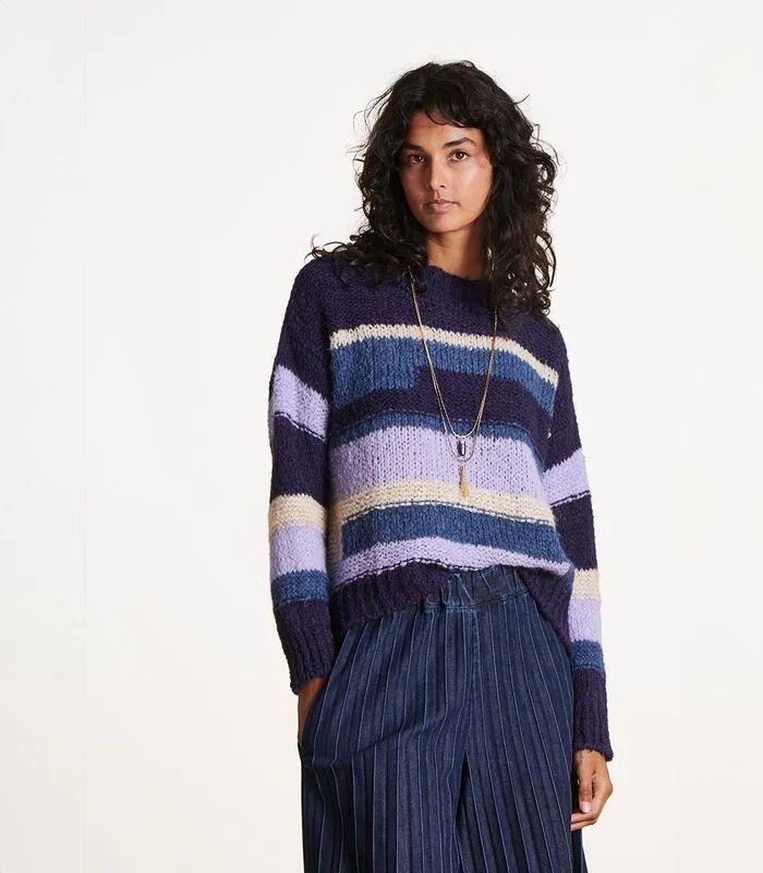 Blauw gestreepte trui, lange mouwen, opstaande kraag