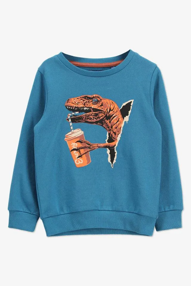 Blauwe sweater met dino met frisdrank borstprint