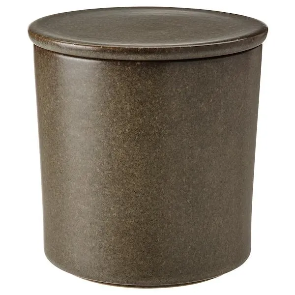 Scented candle in ceramic jar w lid, Bonfire/grey,