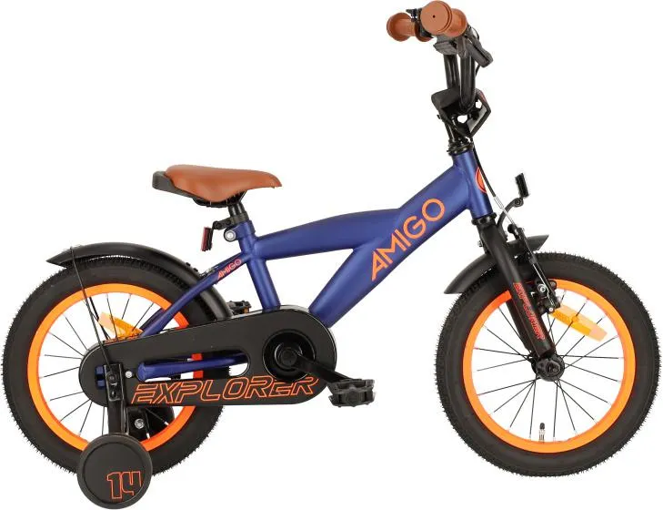 AMIGO Explorer 14 Inch 21,5 cm Jongens Terugtraprem Blauw/Oranje