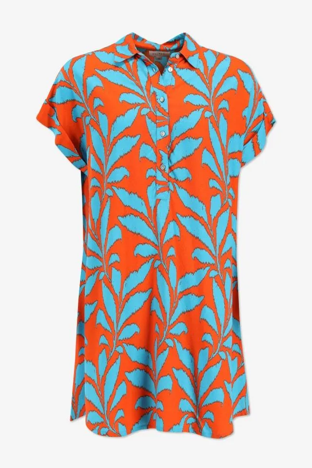 Oranje/turkoois korte jurk met bladerprint