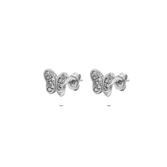 Oorbel in edelstaal, vlinder met zirkonia