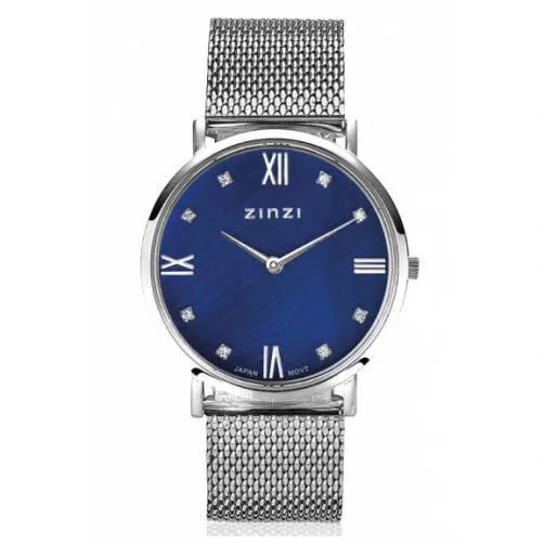 ZINZI Roman horloge donkerblauwe parelmoer wijzerplaat, witte zirconia's bij uuraanduiding, stalen mesh band 34mm extra dun ZIW546M