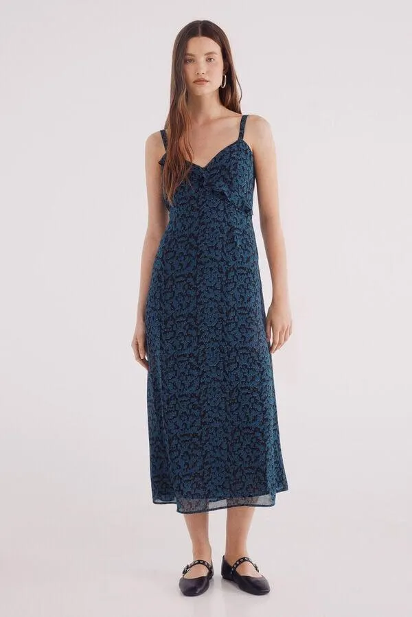 Vestido midi escote volante estampado