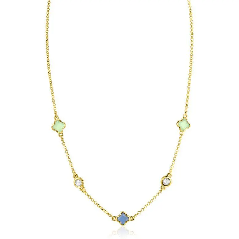 ZINZI gold plated zilveren schakelketting met twee mintgroene klavers en een blauwe klaver 40-45cm ZIC2763