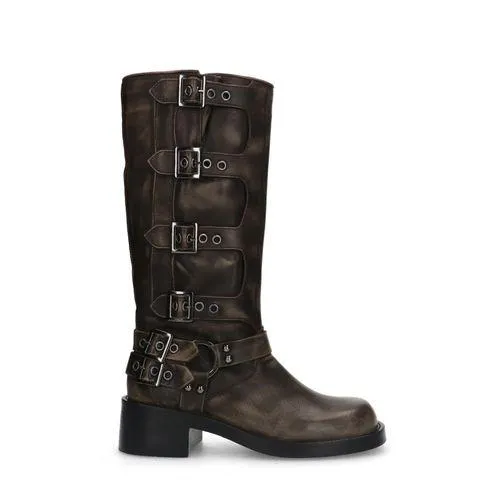 Greywashed multi buckle biker boots