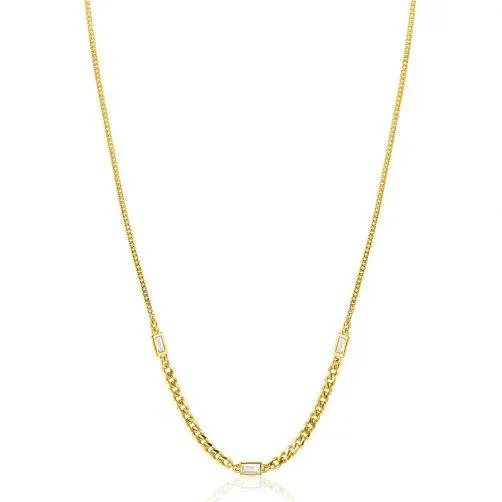 ZINZI gold plated zilveren ketting met gourmet schakels in verschillende breedtes, gecombineerd met drie rechthoekige baguette geslepen zirconia's 42-45cm ZIC2410