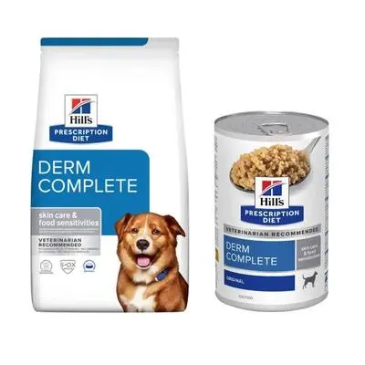 Croquettes Hill's Prescription Diet 12 kg + boîtes 3 x 370 g Derm Complete offertes !