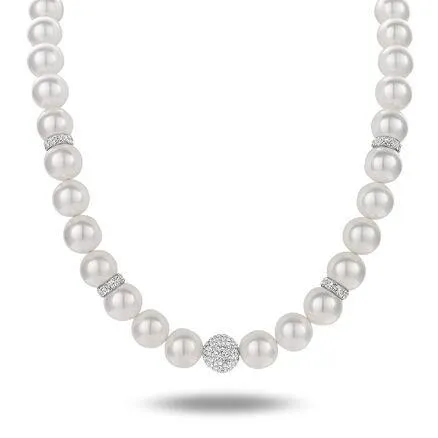 Halsketting in zilver, parels en kristallen