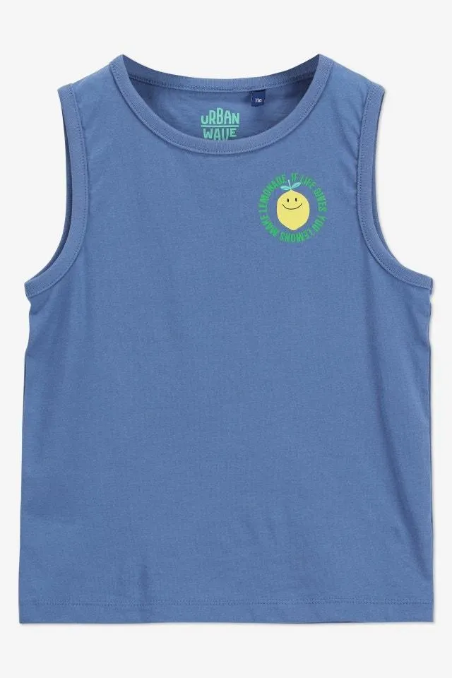 Blauwe tanktop "Make lemonade"