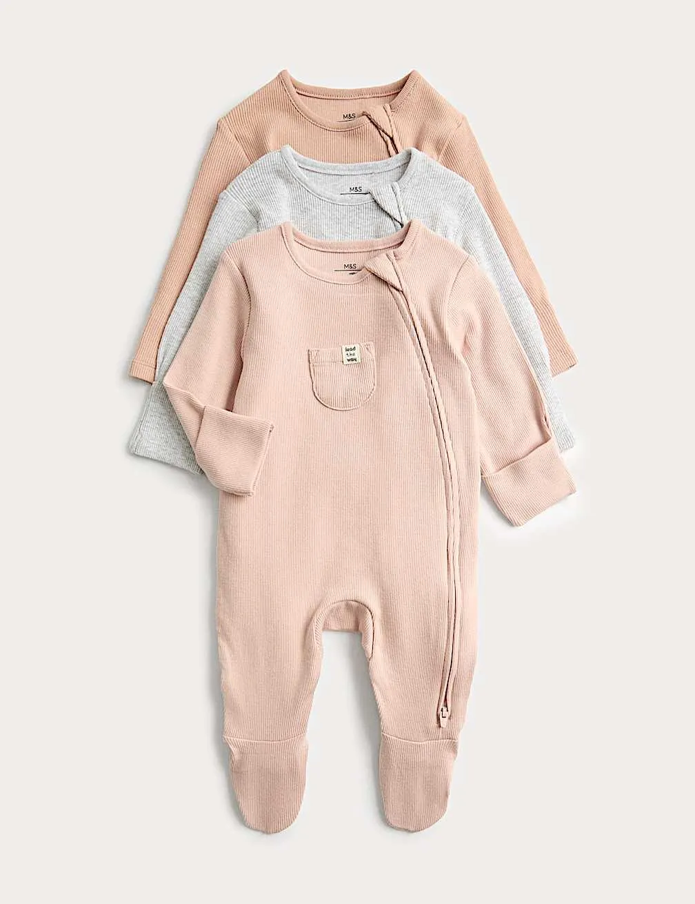 3pk Cotton Rich Ribbed Sleepsuits (6½lbs-3 Yrs)