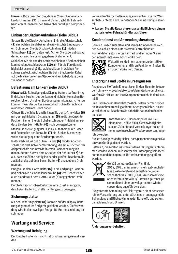 Electric Bike Manual van 12 februari tot 12 augustus 2025 - folder pagina 186