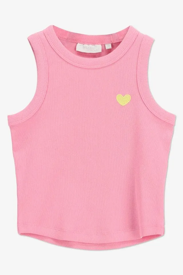Roze fijn geribde top met een geel hartje