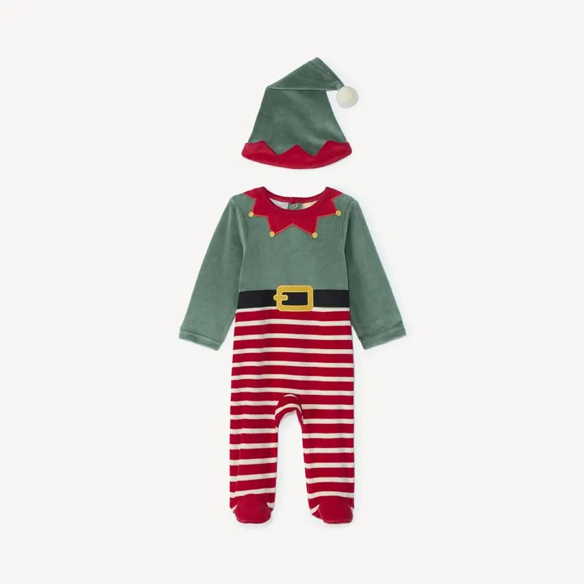 Ensemble ludique dors-bien lutin de Noël + bonnet en velours pour bébé