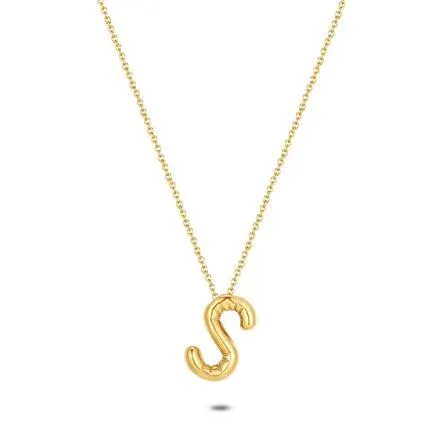 Halsketting in goudkleurig edelstaal, bubble letter S