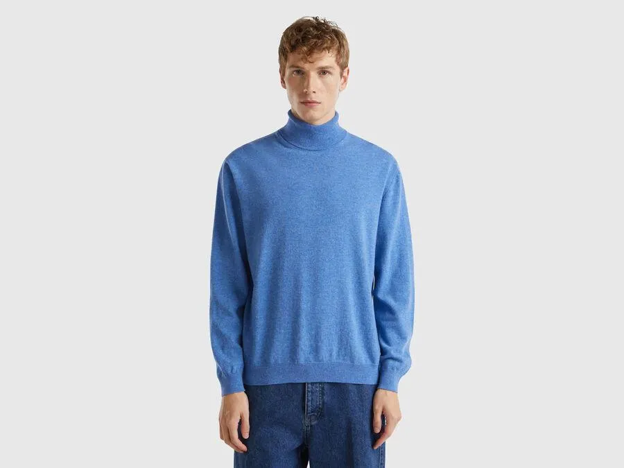 Blau melierter Rollkragenpullover aus reiner Merinowolle