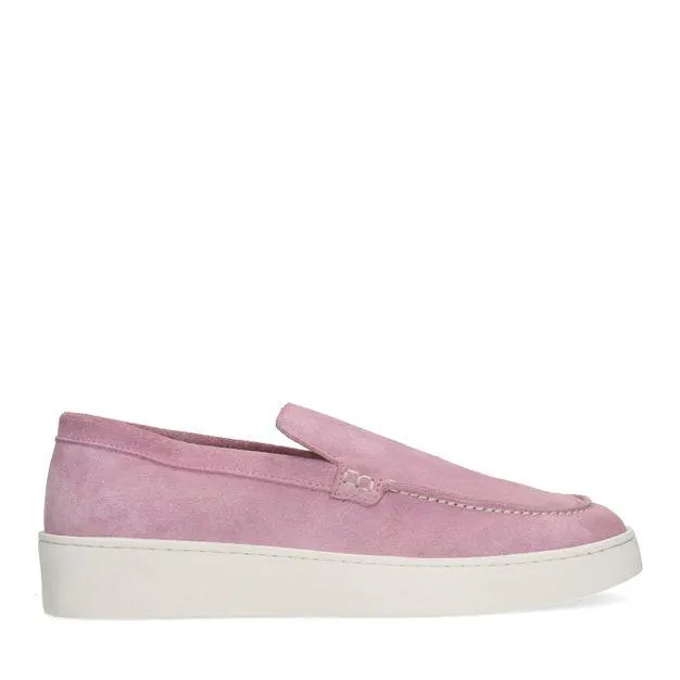Roze suède loafers met plateau zool