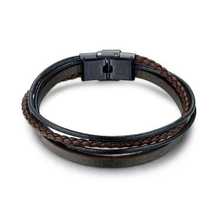 Armband in edelstaal, 4 rijen, bruin en zwart leder