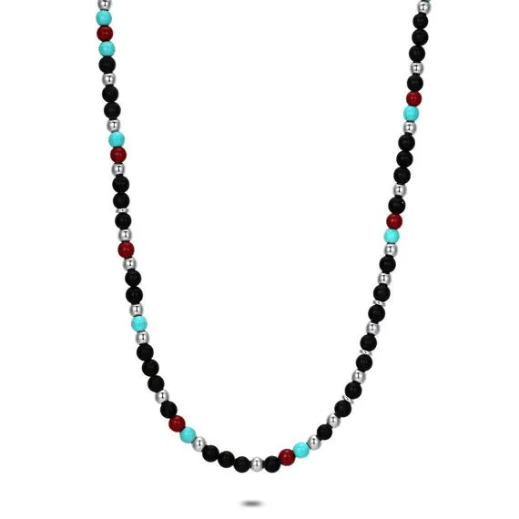 Halsketting in edelstaal met kleurige kralen