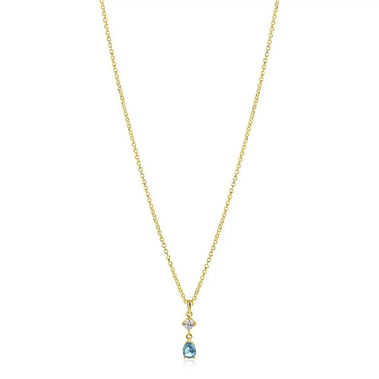 ZINZI gold plated zilveren ketting 42-45cm met luxe peervormige hanger met lichtblauwe kleursteen en witte zirkonia ZIC2744