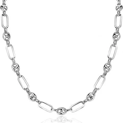 ZINZI zilveren koffieboon schakel ketting 45cm, gecombineerd met lange ovale schakels 7mm breed ZIC2484