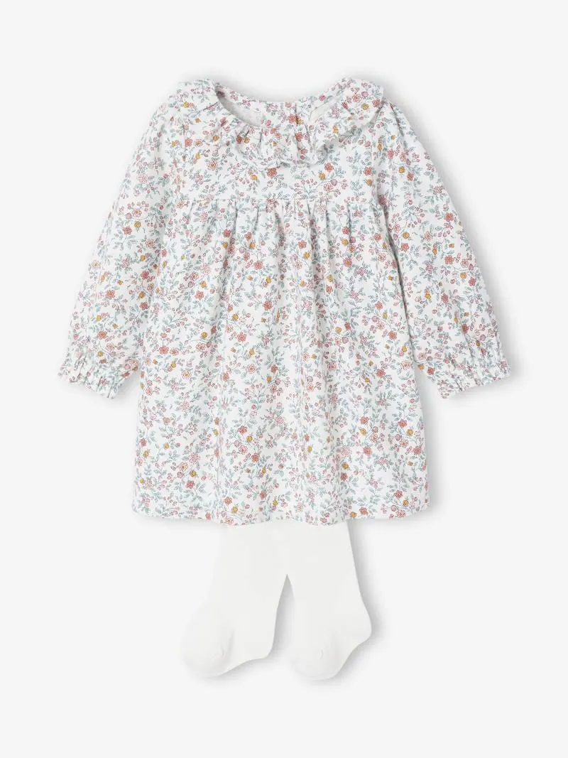 Ensemble naissance robe imprimée à fleurs + collants - écru
