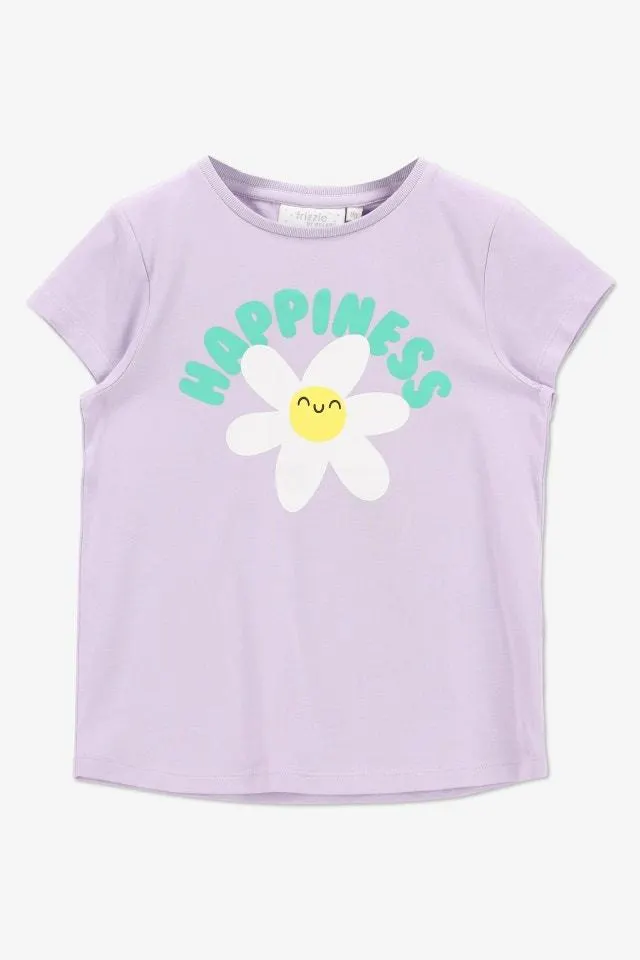 Lila T-shirt met print bloem "Happiness"