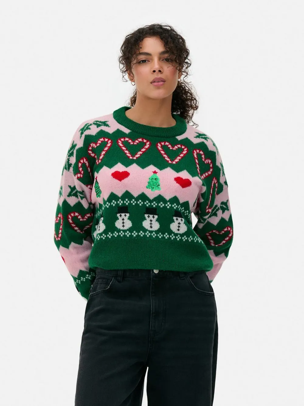 Pull de Noël vert à motif bonhomme de neige