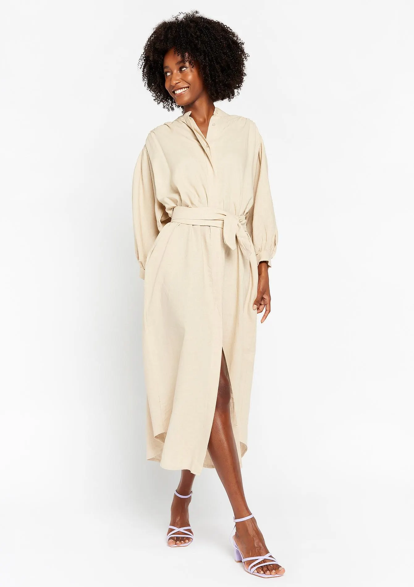 Linen dress with balloon sleeves
