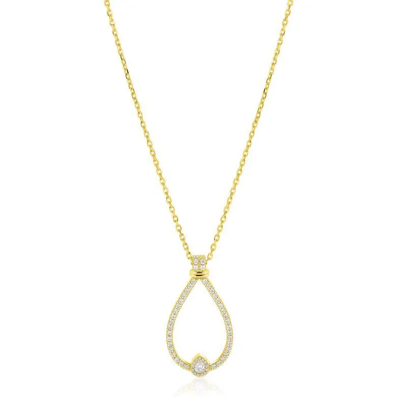 ZINZI goldplated zilveren ketting 45cm met grote sierlijke druppelvormige hanger 35mm met witte zirkonia’s ZIC2815