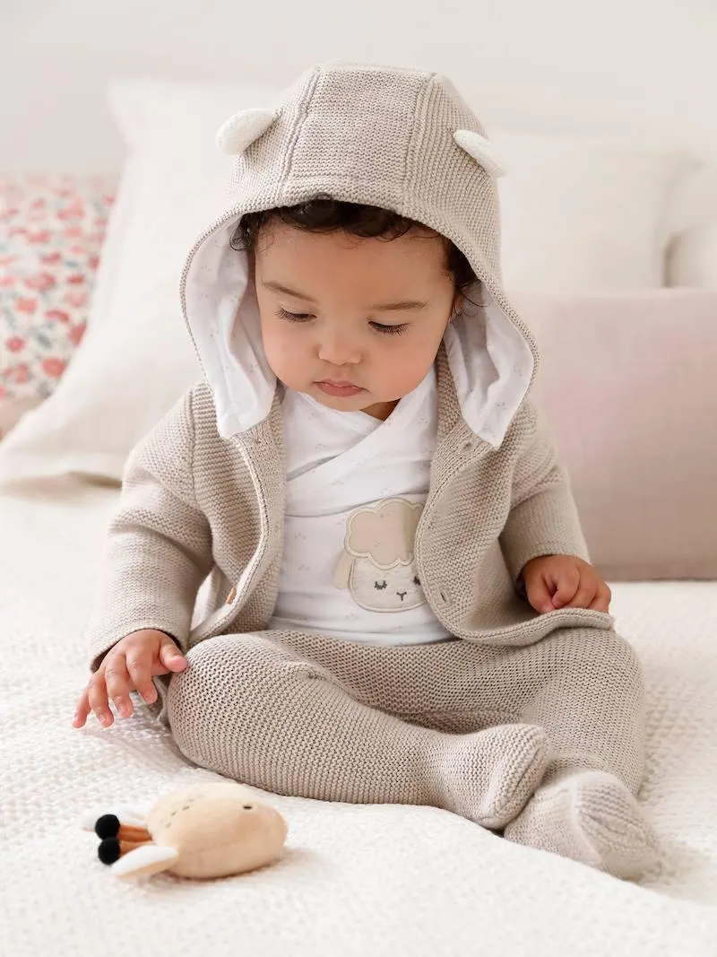 Ensemble naissance 3 pièces en point mousse - beige chiné