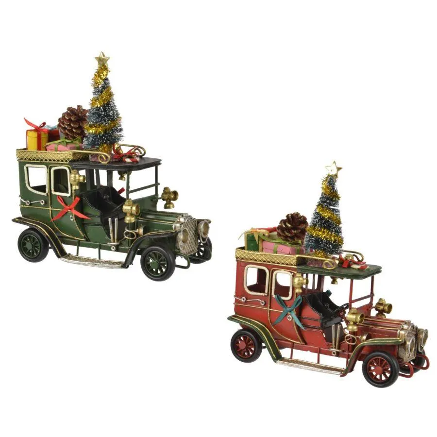 Decoris kerstauto met dennenappel - ijzer decoratie