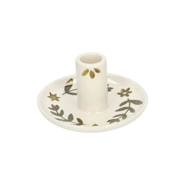 Kandelaar, steengoed, handbeschilderde takjes, groen, Ø11 x 6 cm