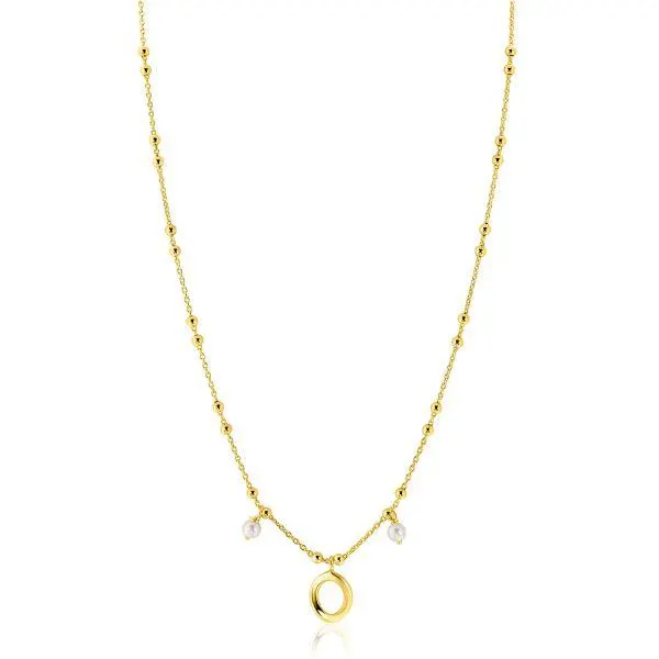 ZINZI gold plated zilveren fantasie ketting met kleine bolletjes, twee bungelende witte pareltjes en organische open vorm in het midden 42-45cm ZIC2405