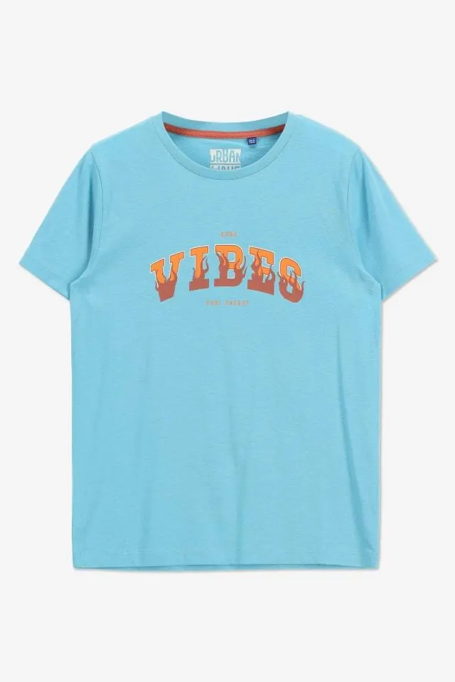 Blauw T-shirt met tekstprint Good Vibes